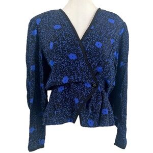 Vintage Mijoli Black & Blue Floral Silk Faux Wrap Peplum Blouse Size 16